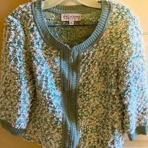 St. John Collection. Mint green, teal, white, silver zip sweater. 2006 line